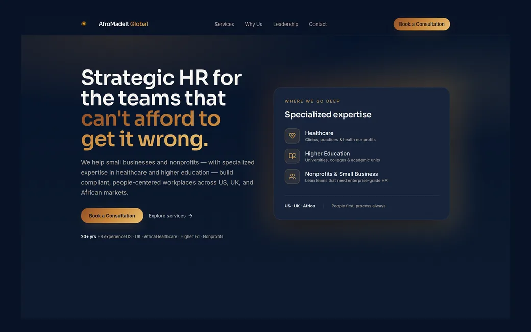 Positioning an HR consultancy across three markets, screenshot of the live product