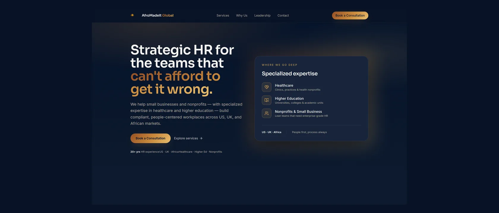 Positioning an HR consultancy across three markets, screenshot of the live product